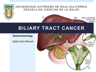 Gastroenterology
Dalia Cosio Benson
BILIARY TRACT CANCER
U N I V E R S I D A D A U T Ó N O M A D E B A J A C A L I F O R N I A
E S C U E L A D E C I E N C I A S D E L A S A L U D
 