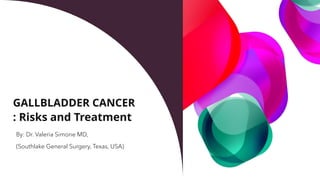 GALLBLADDER CANCER
: Risks and Treatment
By: Dr. Valeria Simone MD,
(Southlake General Surgery, Texas, USA)
 