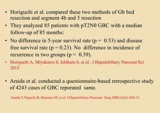 • Horiguchi et al. compared these two methods of Gb bed
resection and segment 4b and 5 resection
• They analyzed 85 patients with pT2N0 GBC with a median
follow-up of 85 months:
• No difference in 5-year survival rate (p = 0.53) and disease
free survival rate (p = 0.23). No difference in incidence of
recurrence in two groups (p = 0.39).
• Horiguchi A, Miyakawa S, Ishihara S, et al.. J Hepatobiliary Pancreat Sci
2013
• Araida et al. conducted a questionnaire-based retrospective study
of 4243 cases of GBC reporated same.
Araida T, Higuchi R, Hamano M, et al. J Hepatobiliary Pancreat Surg 2009;16(2):204-15.
 