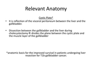 Relevant Anatomy 
Cystic Plate* 
• It is reflection of the visceral peritoneum between the liver and the 
gallbladder. 
• Dissection between the gallbladder and the liver during 
cholecystectomy divides the plane between the cystic plate and 
the muscle layer of the gallbladder 
*anatomic basis for the improved survival in patients undergoing liver 
resection for T1b gallbladder cancer. 
 