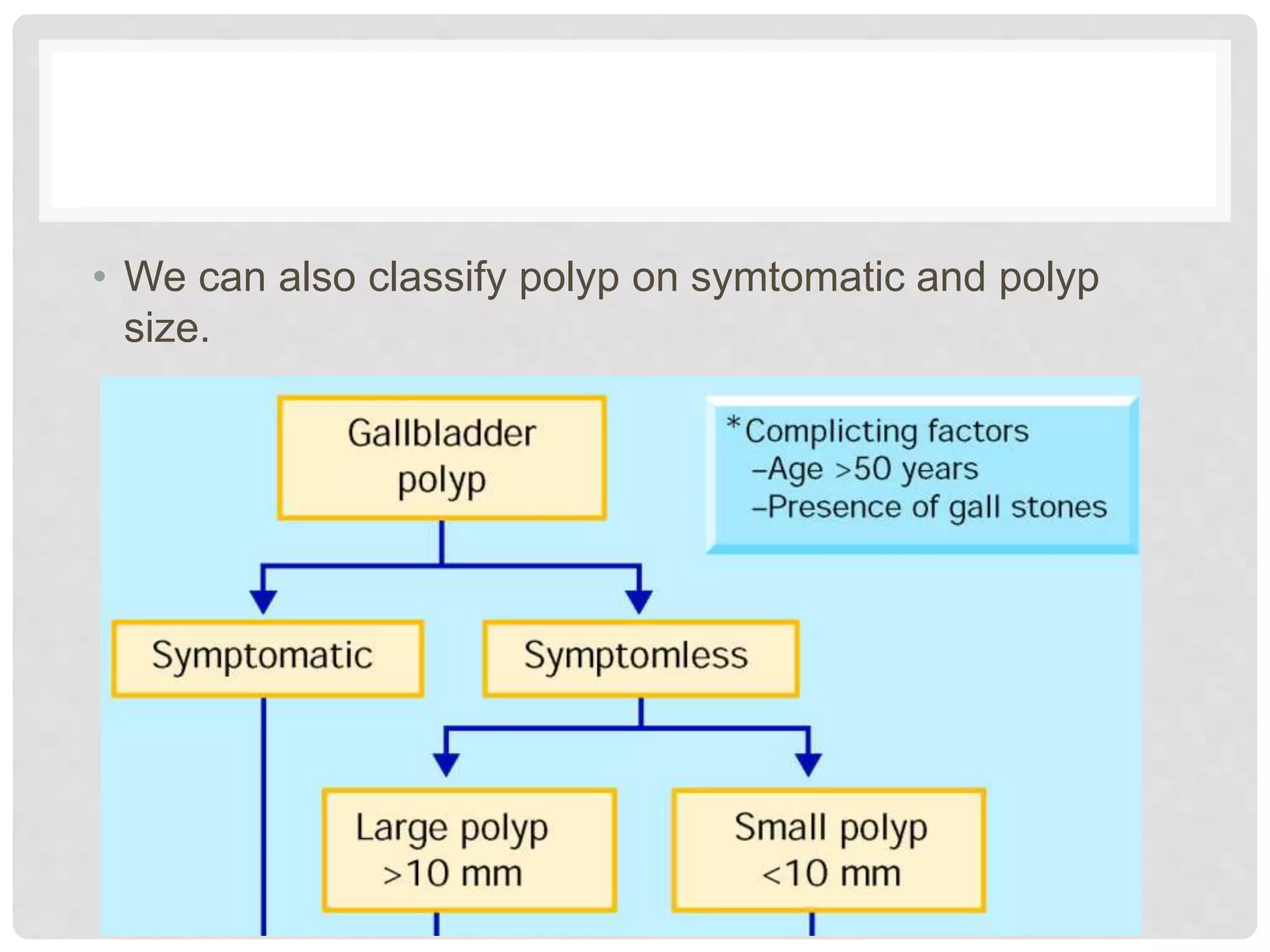 • We can also classify polyp on symtomatic and polyp
size.
 