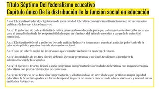 Título Séptimo Del federalismo educativo
Capitulo único De la distribución de la función social en educación
A.119° El ejecutivo Federal y el gobierno de cada entidad federativa concurrirán al ﬁnanciamiento de la educación
pública y de los servicios educativos.
A.120° El gobierno de cada entidad federativa proveerá lo conducente para que cada ayuntamiento reciba recursos
para el cumplimiento de las responsabilidades que en términos del artículo 116 estén a cargo de la autoridad
municipal.
A.121° El ejecutivo federal y gobierno de cada entidad federativa tomaran en cuenta el carácter prioritario de la
educación pública para los ﬁnes de desarrollo nacional.
A.122° Son de interés social las inversiones que en materia educativa realicen el Estado.
A.123° Autoridades de los tres niveles deberán ejecutar programas y acciones tendientes a fortalecer la
administración de las escuelas.
A.124° El Ejecutivo Federal llevará a cabo programas compensatorios a entidades federativas con mayores rezagos
educativos con previa celebración de convenios.
A 125.En el ejercicio de su función compensatoria, y sólo tratándose de actividades que permitan mayor equidad
educativa, la Secretaría podrá, en forma temporal, impartir de manera concurrente educación básica y normal en las
entidades federativas.
 
