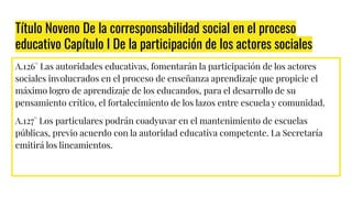 Título Noveno De la corresponsabilidad social en el proceso
educativo Capítulo I De la participación de los actores sociales
A.126° Las autoridades educativas, fomentarán la participación de los actores
sociales involucrados en el proceso de enseñanza aprendizaje que propicie el
máximo logro de aprendizaje de los educandos, para el desarrollo de su
pensamiento crítico, el fortalecimiento de los lazos entre escuela y comunidad.
A.127° Los particulares podrán coadyuvar en el mantenimiento de escuelas
públicas, previo acuerdo con la autoridad educativa competente. La Secretaría
emitirá los lineamientos.
 