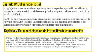 Capítulo IV Del servicio social
A.137° Quien curse educación superior y media superior, que así lo establezcan,
deberán prestar servicio social o sus equivalentes para poder obtener su título o
grado académico.
A.138° La Secretaria establecerá mecanismos para que cuente como prestación de
servicio social, las tutorías y acompañamientos que realicen estudiantes a los
educandos de preescolar, primaria, secundaria y media superior.
Capítulo V De la participación de los medios de comunicación
Artículo 139. Los medios de comunicación masiva, de conformidad con el marco jurídico que les rige,
en el desarrollo de sus actividades contribuirán al logro de los ﬁnes de la educación previstos en el
artículo 15, conforme a los criterios establecidos en el artículo 16 de la presente Ley.
Artículo 140. La Secretaría promoverá, ante las autoridades competentes, las acciones necesarias
para dar cumplimiento al artículo anterior, con apego a las disposiciones legales aplicables.
 