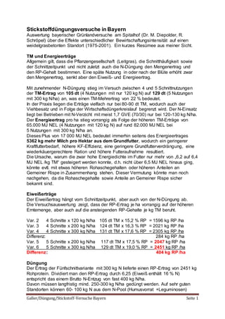 Galler/Düngung/Stickstoff-Versuche Bayern Seite 1
Stickstoffdüngungsversuche in Bayern
Auswertung bayerischer Grünlandversuche am Spitalhof (Dr. M. Diepolder, R.
Schröpel) über die Effekte unterschiedlicher Bewirtschaftungsintensität auf einen
weidelgrasbetonten Standort (1975-2001). Ein kurzes Resümee aus meiner Sicht.
TM und Energieerträge
Allgemein gilt, dass die Pflanzengesellschaft (Leitgras), die Schnitthäufigkeit sowie
der Schnittzeitpunkt und nicht zuletzt auch die N-Düngung den Mengenertrag und
den RP-Gehalt bestimmen. Eine späte Nutzung in oder nach der Blüte erhöht zwar
den Mengenertrag, senkt aber den Eiweiß- und Energieertrag.
Mit zunehmender N-Düngung stieg im Versuch zwischen 4 und 5 Schnittnutzungen
der TM-Ertrag von 105 dt (4 Nutzungen mit nur 120 kg N) auf 129 dt (5 Nutzungen
mit 300 kg N/ha) an, was einen TM-Mehrertrag von 22 % bedeutet.
In der Praxis liegen die Erträge vielfach nur bei 80-90 dt TM, wodurch auch der
Viehbesatz und in Folge der Wirtschaftsdüngerkreislauf begrenzt wird. Der N-Einsatz
liegt bei Betrieben mit N-Verzicht mit meist 1,7 GVE (70/30) nur bei 120-130 kg N/ha.
Der Energieertrag pro ha stieg vorrangig als Folge der höheren TM-Erträge von
65.000 MJ NEL (4 Nutzungen mit 120 kg N) auf rund 82.000 MJ NEL bei
5 Nutzungen mit 300 kg N/ha an.
Dieses Plus von 17 000 MJ NEL bedeutet immerhin seitens des Energieertrages
5362 kg mehr Milch pro Hektar aus dem Grundfutter, wodurch ein geringerer
Kraftfutterbedarf, höhere KF-Effizienz, eine geringere Grundfutterverdrängung, eine
wiederkäuergerechtere Ration und höhere Futteraufnahme resultiert.
Die Ursache, warum die zwar hohe Energiedichte im Futter nur mehr von „6,2 auf 6,4
MJ NEL /kg TM“ gesteigert werden konnte, d.h. nicht über 6,5 MJ NEL hinaus ging,
könnte evtl. mit etwas höheren Rohaschegehalten oder höheren Anteilen an
Gemeiner Rispe in Zusammenhang stehen. Dieser Vermutung könnte man noch
nachgehen, da die Rohaschegehalte sowie Anteile an Gemeiner Rispe sicher
bekannt sind.
Eiweißerträge
Der Eiweißertrag hängt vom Schnittzeitpunkt, aber auch von der N-Düngung ab.
Die Versuchsauswertung zeigt, dass der RP-Ertrag je ha vorrangig auf der höheren
Erntemenge, aber auch auf die ansteigenden RP-Gehalte je kg TM beruht.
Var. 2 4 Schnitte x 120 kg N/ha 105 dt TM x 15,2 % RP = 1596 kg RP /ha
Var. 3 4 Schnitte x 200 kg N/ha 124 dt TM x 16,3 % RP = 2021 kg RP /ha
Var. 4 4 Schnitte x 300 kg N/ha 131 dt TM x 17,6 % RP = 2305 kg RP /ha
Differenz: 284 kg RP /ha
Var. 5 5 Schnitte x 200 kg N/ha 117 dt TM x 17,5 % RP = 2047 kg RP /ha
Var. 6 5 Schnitte x 300 kg N/ha 129 dt TM x 19,0 % RP = 2451 kg RP /ha
Differenz: 404 kg RP /ha
Düngung
Der Ertrag der Fünfschnittvariante mit 300 kg N lieferte einen RP-Ertrag von 2451 kg
Rohprotein. Dividiert man den RP-Ertrag durch 6,25 (Eiweiß enthält 16 % N)
entspricht das einem Brutto N-Entzug von fast 400 kg N/ha.
Davon müssen langfristig mind. 250-300 kg N/ha gedüngt werden. Auf sehr guten
Standorten können 60- 100 kg N aus dem N-Pool (Humusvorrat +Leguminosen)
 