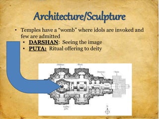 Architecture/Sculpture
• Temples have a “womb” where idols are invoked and
few are admitted
• DARSHAN: Seeing the image
• PUTA: Ritual offering to deity
 