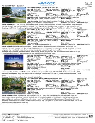 Residential Gallery - Customer
07-Oct-2016
7:16 am
Page 1 of 8
1234 CHERRY TREE LN, ANNAPOLIS, MD 21403-5024 MLS#: AA9744863
DOMM/DOMP: 23/23
Style: Other
Yr Blt: 1990
BR: 6 FB: 5 HB: 1 Basement: Yes, Fully Finished, Connecting Stairway, Outside E
List. Date: 19-Aug-2016
Type: Detached
Model:
Const: Hardiplank
Listing Co: TTR Sotheby's International Realty
Own: Fee Simple, Sale
HOA:
Total Taxes: $275
Acre: 6.24
Park: DW - Circular, Garage, Private 1-10 Spaces
List Price: $6,500,000
ADC Map: 0000
Tax Living Area: 7,238#Lvls: 5 #Fpls: 7
C/C:
Close Price: $4,708,000Close Date: 06-Oct-2016Cont Date: 10-Sep-2016 Subsidy $0
Status: SOLD
Heat/Cool/Wtr/Swr: Central/Bottled Gas / Propane, Oil/Central Air Conditioning, Zoned/Electr
Adv. Sub: FISHING CREEK FARM
# Gar/Cpt/Assgn: 8/ /
Gr Rent:
View Accessibility: Water Access, Water Front, Water View Body of Water: South River River
Internet Remarks: ABSOLUTE AUCTION on property site by DeCaro Real Estate Auctions, Inc. Sat, Sept. 10th @ 11am ET. Bidder registration
begins @ 9am same day. OPEN HOUSE every Sat & Sun 1-4pm beginning Sat, August 20th. Final Preview on Fri,, Sept. 9th, from 1-4pm.
Directions: Aris T Allen to Forest Drive, right on Arundel on the Bay, stay right at fork onto Thomas Point Rd., right on Cherry Tree Lane to 1234
6653 SORREL ST, MCLEAN, VA 22101-1523 MLS#: FX9563204
DOMM/DOMP: 226/525
Style: Craftsman
Yr Blt: 2000
BR: 7 FB: 6 HB: 4 Basement: Yes, Fully Finished, Workshop
List. Date: 03-Feb-2016
Type: Detached
Model:
Const: Hardiplank, Stone
Listing Co: Long & Foster Real Estate, Inc.
Own: Fee Simple, Sale
HOA:
Total Taxes: $50,744
Acre: 1.89
Park: DW - Circular, Garage Door Opener, Surface, Ga
List Price: $3,780,000
ADC Map: 0
Tax Living Area: 6,132#Lvls: 3 #Fpls: 1
C/C:
Close Price: $3,100,000Close Date: 06-Oct-2016Cont Date: 15-Sep-2016 Subsidy $0
Status: SOLD
Heat/Cool/Wtr/Swr: Forced Air/Natural Gas/Central Air Conditioning/Electric/Public/Public Sew
Adv. Sub: LANGLEY FOREST
# Gar/Cpt/Assgn: 3/ /
Gr Rent:
View Accessibility: Body of Water:
Internet Remarks: High tech & green living on nearly 2 acres of beautifully landscaped grounds in Langley Forest. Winthrop built ('00)
craftsman main house w/ 9000sf(+-) of open concept design, state of the art chefs kitchen, Lite Touch/Savant lighting, 18KW Solar PV array, 3
car garage, wrap-around porch + separate 2 bd carriage house perfect for au pair/nanny/in-law/home office.
Directions: From I-495, take Georgetown Pike exit, head East, take left onto Douglass Drive, right on Sorrel Street, estate will be on the right.
From Dolley Madison Blvd/123, head West, take right onto Mackall Avenue, left on Sorrel Street.
2684 DAISY RD, WOODBINE, MD 21797-8126 MLS#: HW9553798
DOMM/DOMP: 192/192
Style: Colonial
Yr Blt: 2015
BR: 5 FB: 6 HB: 2 Basement: Yes, Full, Fully Finished, Heated, Improved, Outside
List. Date: 15-Jan-2016
Type: Detached
Model:
Const: Hardiplank, Stone, Stucco
Listing Co: Keller Williams Integrity
Own: Fee Simple, Sale
HOA:
Total Taxes: $2,793
Acre: 19.93
Park: Garage, DW - Circular
List Price: $3,500,000
ADC Map: SEE MAP
Tax Living Area: 0#Lvls: 3 #Fpls: 3
C/C:
Close Price: $2,200,000Close Date: 05-Oct-2016Cont Date: 24-Sep-2016 Subsidy $0
Status: SOLD
Heat/Cool/Wtr/Swr: Forced Air, Zoned/Bottled Gas / Propane, Geo-thermal/Central Air Condit
Adv. Sub: WOODBINE
# Gar/Cpt/Assgn: 4/ /
Gr Rent:
View Accessibility: Body of Water:
Internet Remarks: Absolute Auction/No Reserve to be held on-site, September 24th, 2016, at 11:00AM EST. Starting September 2nd, 2016,
open house previews every Friday 11:00 AM-2:00 PM, and Saturday & Sunday 1:00PM-4:00 PM EST, Private appointments available, Call for
details
Directions: MD-144 W; Left onto Daisy Road; Home will be on the Right.
5053 GLENBROOK TER NW, WASHINGTON, DC 20016-2602 MLS#: DC9661496
DOMM/DOMP: 83/83
Style: Colonial
Yr Blt: 1941
BR: 6 FB: 4 HB: 1 Basement: Yes, Outside Entrance, Connecting Stairway
List. Date: 18-May-2016
Type: Detached
Model:
Const: Brick
Listing Co: Compass
Own: Fee Simple, Sale
HOA:
Total Taxes: $11,766
Acre: 0.21
Park: Garage, Drvwy/Off Str
List Price: $2,095,000
ADC Map: GREAT!
Tax Living Area: 3,128#Lvls: 4 #Fpls: 2
C/C:
Close Price: $1,900,000Close Date: 05-Oct-2016Cont Date: 24-Aug-2016 Subsidy $0
Status: SOLD
Heat/Cool/Wtr/Swr: Forced Air/Electric/Central Air Conditioning/Electric/Public/Public Sewer
Adv. Sub: KENT
# Gar/Cpt/Assgn: 2/ /
Gr Rent:
View Accessibility: Body of Water:
Internet Remarks: Coveted colonial in quiet, Kent cul-de-sac. 4,500 sq ft. 6BR/4.5BA plus office/den. The main level boasts formal DR
w/built-ins, oversized LR w/fireplace, and french doors that lead to a private deck & yard. The remodeled KIT feats. Omega cabinetry, SS
appliances & granite countertops. MBR suite w/ walk-in closet & luxury BA, while the spacious LL contains stone FP, additional BR & more!
Directions: Head northwest on MacArthur Blvd NW toward Macomb St NW. Turn right at the 1st cross street onto Macomb St NW. Turn left onto
Glenbrook Terrace NW, property is on the right.
Copyright (c) 2016 Metropolitan Regional Information Systems, Inc.
Information is believed to be accurate, but should not be relied upon without verification.
Accuracy of square footage, lot size, schools, and other information is not
Courtesy of: Fernando Herboso
Office: (301) 246-0001
Company: Herboso & Associates, LLC.
Office: (301) 246-0001 Fax: (888) 913-3535
Home: (301) 246-0001
Cell: (240) 426-5754 Email: fernando@herboso.com
 