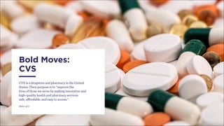 Bold Moves:
CVS
CVS is a drugstore and pharmacy in the United
States. Their purpose is to “improve the
lives of those we serve by making innovative and
high-quality health and pharmacy services
safe, affordable, and easy to access.”
Slide 1 of 3
 