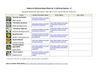 Gallery of California Native Plants for S. California Gardens - O
Download this file (click ‘Save’ above) – then open or save. You can then click on the links.
Name Garden Information Sheet Photo Gallery Learn More
Oenanthe sarmentosa
Water parsley
http://www.slideshare.net/cvadh
eim/oenanthe-sarmentosa
* Oenothera caespitosa
White evening primrose
http://www.slideshare.net/cvadh
eim/oenothera-caespitosa
http://www.slideshare.net/cvadhe
im/oenothera-caespitosa-web-
show
* Oenothera californica
California evening primrose
http://www.slideshare.net/cvadh
eim/oenothera-californica
http://www.slideshare.net/cvadhe
im/oenothera-californica-web-
show
Oenothera elata
Hooker’s evening primrose
http://www.slideshare.net/cvadh
eim/gardening-sheet-oenothera-
elata-29907243
http://www.slideshare.net/cvadhe
im/oenothera-elata-web-show
Opuntia littoralis
Coastal pricklypear
http://www.slideshare.net/cvadh
eim/opuntia-littoralis
http://www.slideshare.net/cvadhe
im/opuntia-littoralis-web-show
*Ornithostaphylos
oppositifolia
Baja birdbush
http://www.slideshare.net/cvadh
eim/ornithostaphylos-
oppositifolia
http://www.slideshare.net/cvadhe
im/ornithostaphylos-oppositifolia-
web-show
* Oxalis oregana
Redwood sorrel
http://www.slideshare.net/cvadh
eim/gardening-sheet-oxalis-
oregana
* Not native to Western Los Angeles County – but does well in local gardens
Return to Native Plants Gallery: http://nativeplantscsudh.blogspot.com/p/gallery-of-native-plants_17.html
 