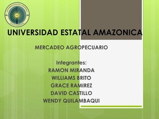 UNIVERSIDAD ESTATAL AMAZONICA
MERCADEO AGROPECUARIO
Integrantes:
RAMON MIRANDA
WILLIAMS BRITO
GRACE RAMIREZ
DAVID CASTILLO
WENDY QUILAMBAQUI
 
