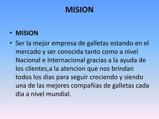 MISION

• MISION
• Ser la mejor empresa de galletas estando en el
  mercado y ser conocida tanto como a nivel
  Nacional e Internacional gracias a la ayuda de
  los clientes,a la atencion que nos brindan
  todos los dias para seguir creciendo y siendo
  una de las mejores compañias de galletas cada
  dia a nivel mundial.
 