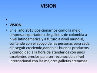 VISION

•
• VISION
• En el año 2015 posicionarnos como la mejor
  empresa exportadora de galletas de colombia a
  nivel latinoamerica y a futuro a nivel mundial,
  contando con el apoyo de las personas para cada
  dia seguir creciendo,dandoles buenos productos
  y comodidad a la hora de atenderlos con unos
  excelentes precios para ser reconocida a nivel
  Internacional con las mejores galletas cremosas.
 