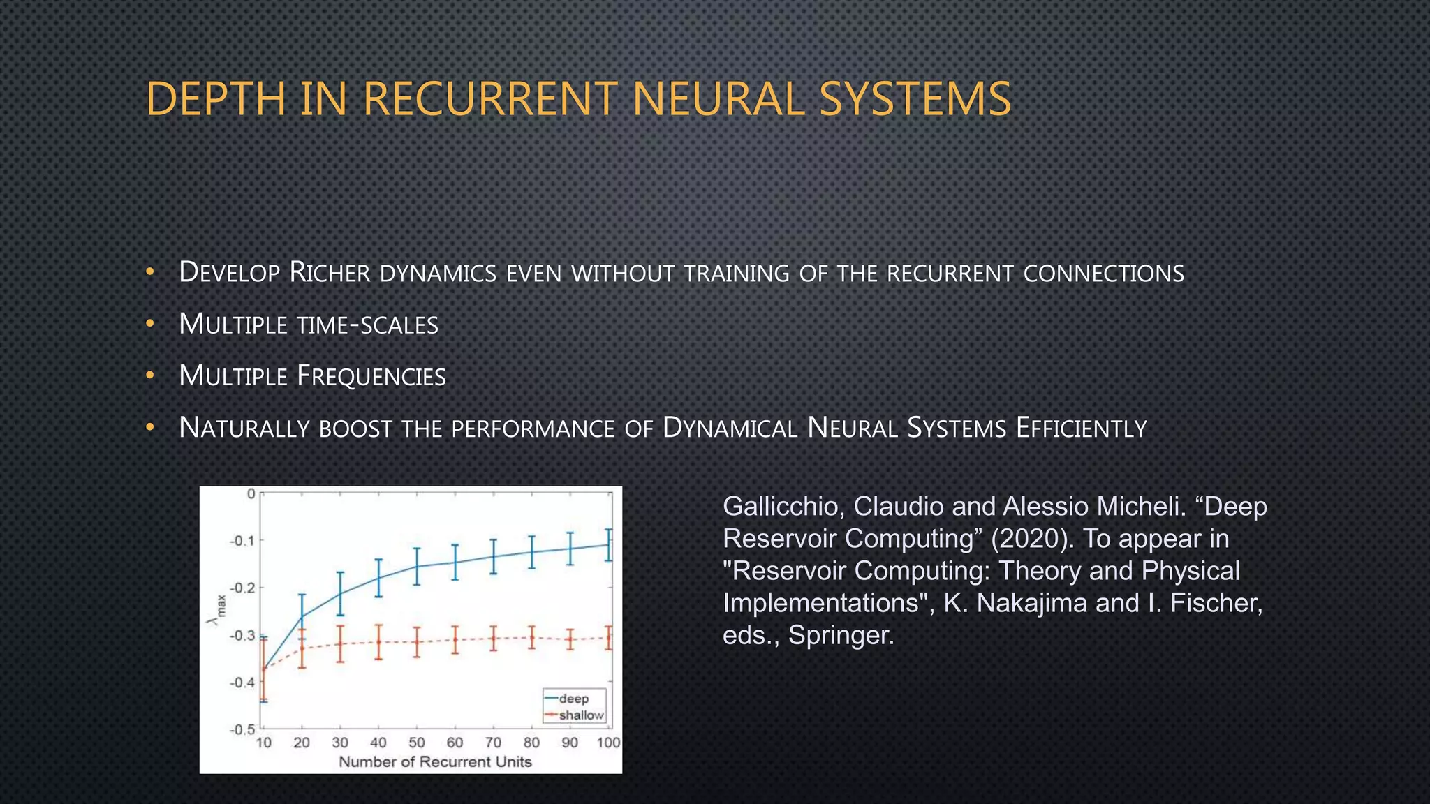 DEPTH IN RECURRENT NEURAL SYSTEMS
• DEVELOP RICHER DYNAMICS EVEN WITHOUT TRAINING OF THE RECURRENT CONNECTIONS
• MULTIPLE TIME-SCALES
• MULTIPLE FREQUENCIES
• NATURALLY BOOST THE PERFORMANCE OF DYNAMICAL NEURAL SYSTEMS EFFICIENTLY
Gallicchio, Claudio and Alessio Micheli. “Deep
Reservoir Computing” (2020). To appear in
"Reservoir Computing: Theory and Physical
Implementations", K. Nakajima and I. Fischer,
eds., Springer.
 