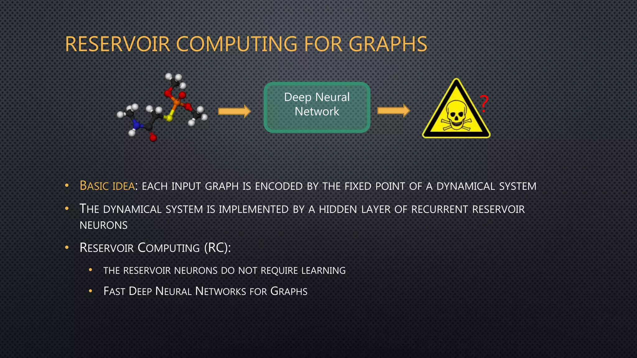 RESERVOIR COMPUTING FOR GRAPHS
• BASIC IDEA: EACH INPUT GRAPH IS ENCODED BY THE FIXED POINT OF A DYNAMICAL SYSTEM
• THE DYNAMICAL SYSTEM IS IMPLEMENTED BY A HIDDEN LAYER OF RECURRENT RESERVOIR
NEURONS
• RESERVOIR COMPUTING (RC):
• THE RESERVOIR NEURONS DO NOT REQUIRE LEARNING
• FAST DEEP NEURAL NETWORKS FOR GRAPHS
Deep Neural
Network ?
 