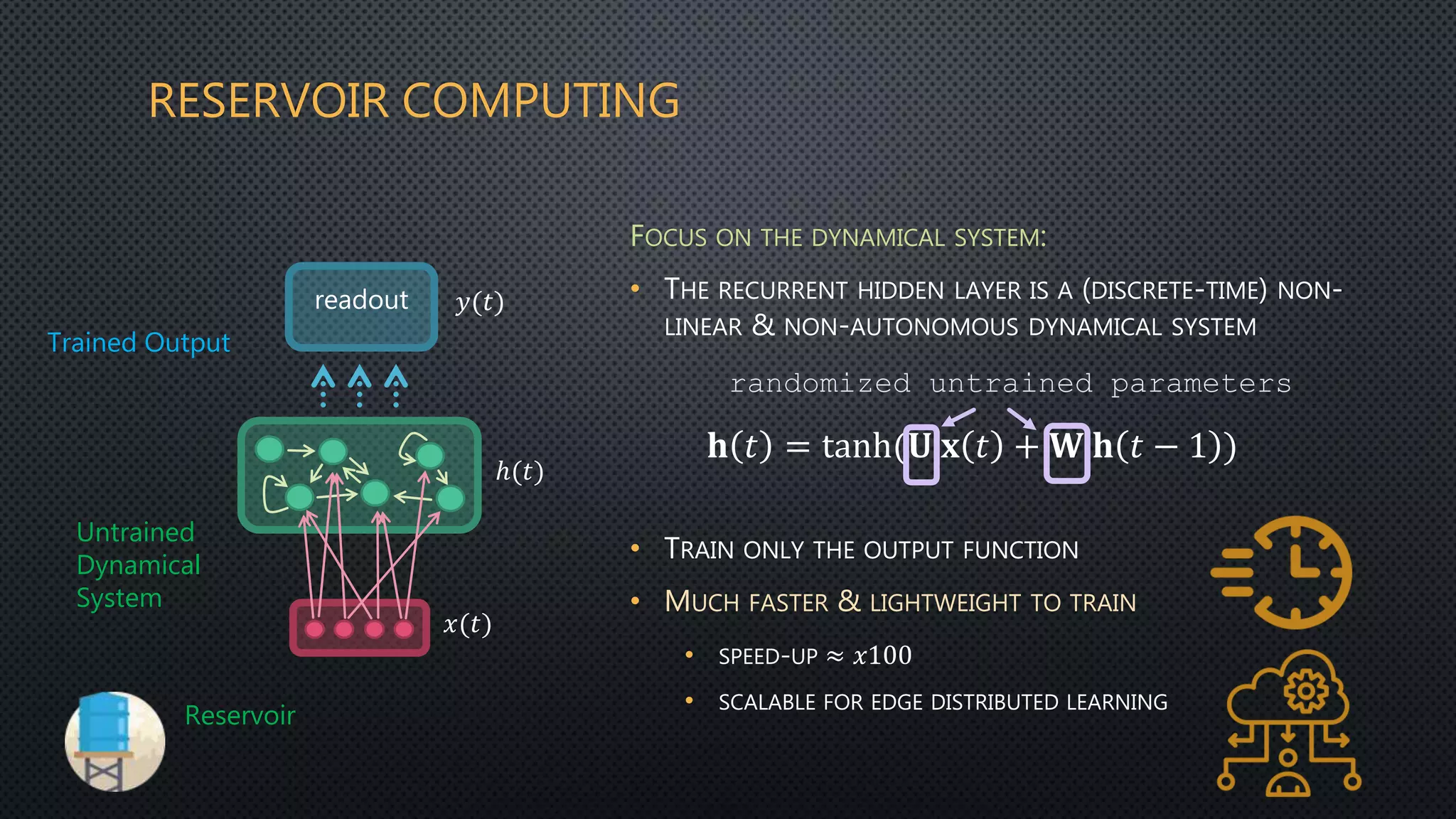 RESERVOIR COMPUTING
FOCUS ON THE DYNAMICAL SYSTEM:
• THE RECURRENT HIDDEN LAYER IS A (DISCRETE-TIME) NON-
LINEAR & NON-AUTONOMOUS DYNAMICAL SYSTEM
• TRAIN ONLY THE OUTPUT FUNCTION
• MUCH FASTER & LIGHTWEIGHT TO TRAIN
• SPEED-UP ≈ 𝑥100
• SCALABLE FOR EDGE DISTRIBUTED LEARNING
readout
𝑥(𝑡)
ℎ(𝑡)
𝑦(𝑡)
Untrained
Dynamical
System
Trained Output
𝐡 𝑡 = tanh(𝐔 𝐱 𝑡 + 𝐖 𝐡 𝑡 − 1 )
randomized untrained parameters
Reservoir
 