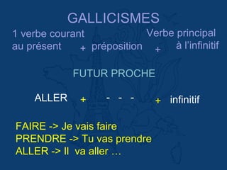 GALLICISMES
1 verbe courant
au présent préposition
Verbe principal
à l’infinitif++
ALLER - - - infinitif++
FAIRE -> Je vais faire
PRENDRE -> Tu vas prendre
ALLER -> Il va aller …
FUTUR PROCHE
 