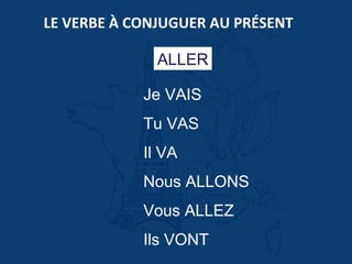 LE VERBE À CONJUGUER AU PRÉSENT
ALLER
Je VAIS
Tu VAS
Il VA
Nous ALLONS
Vous ALLEZ
Ils VONT
 