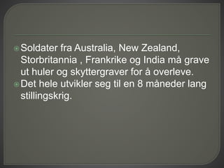 Soldater fra Australia, New Zealand,
Storbritannia , Frankrike og India må grave
ut huler og skyttergraver for å overleve.
Det hele utvikler seg til en 8 måneder lang
stillingskrig.
 