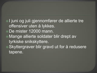 I juni og juli gjennomfører de allierte tre
offensiver uten å lykkes.
De mister 12000 mann.
Mange allierte soldater blir drept av
tyrkiske snikskyttere.
Skyttergraver blir gravd ut for å redusere
tapene.
 