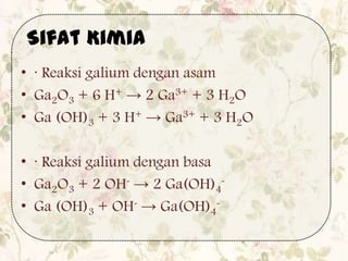 • · Reaksi galium dengan asam
• Ga2O3 + 6 H+ → 2 Ga3+ + 3 H2O
• Ga (OH)3 + 3 H+ → Ga3+ + 3 H2O
• · Reaksi galium dengan basa
• Ga2O3 + 2 OH- → 2 Ga(OH)4
-
• Ga (OH)3 + OH- → Ga(OH)4
-
Sifat Kimia
 