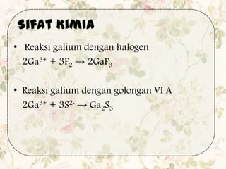 • Reaksi galium dengan halogen
2Ga3+ + 3F2 → 2GaF3
• Reaksi galium dengan golongan VI A
2Ga3+ + 3S2- → Ga2S3
Sifat Kimia
 