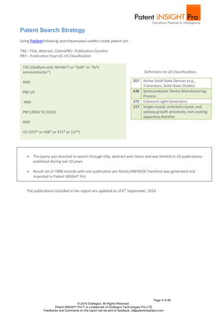 257 Active Solid-State Devices (e.g., 
Transistors, Solid-State Diodes) 
438 Semiconductor Device Manufacturing: 
Process 
372 Coherent Light Generators 
117 Single-crystal, oriented-crystal, and 
epitaxy growth processes; non-coating 
apparatus therefor 
TAC:((Gallium wd1 Nitride*) or "GaN" or "III/V 
semiconductor") 
The publications included in the report are updated as of 6th September, 2014 
Page 4 of 46 
Patent Search Strategy 
Using PatSeerfollowing searchquerywas usedto create patent set. 
TAC– Title, Abstract, ClaimsPBC– Publication Country 
PBY – Publication Year UC-US Classification 
© 2014 Gridlogics. All Rights Reserved. 
Patent iNSIGHT Pro™ is a trademark of Gridlogics Technologies Pvt.LTD 
Feedbacks and Comments on this report can be sent to feedback_tr@patentinsightpro.com 
AND 
PBC:US 
AND 
PBY:[2004 TO 2014] 
AND 
UC:(257* or 438* or 372* or 117*) 
 The query was directed to search through title, abstract and claims and was limited to US publications 
published during last 10 years 
 Result set of 7888 records with one publication per family (INPADOC Families) was generated and 
imported in Patent iNSIGHT Pro 
Definitions to US Classifications 
 