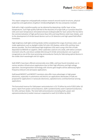 This report categorizes and graphically analyzes research around crystal structures, physical 
properties and applications of gallium nitrideandhighlights the key companies involved. 
GaN with a high crystalline quality can be obtained by depositing a buffer layer at low 
temperatures. Such high-quality GaN led to the discovery of p-type GaN, p-n junction blue/UV-LEDs 
and room-temperature stimulated emission (indispensable for laser action).This has led to 
the commercialization of high-performance blue LEDs and long-lifetime violet-laser diodes, and 
to the development of nitride-based devices such as UV detectors and high-speed field-effect 
transistors. 
High-brightness GaN light-emitting diodes (LEDs) completed the range of primary colors, and 
made applications such as daylight visible full-color LED displays, white LEDs and blue laser 
devices possible. The first GaN-based high-brightness LEDs were using a thin film of GaN 
deposited via MOCVD on sapphire. Other substrates used are zinc oxide, with lattice constant 
mismatch only 2%, and silicon carbide (SiC).Group III nitride semiconductors are in general 
recognized as one of the most promising semiconductor family for fabricating optical devices in 
the visible short-wavelength and UV region. 
GaN HEMTs have been offered commercially since 2006, and have found immediate use in 
various wireless infrastructure applications due to their high efficiency and high voltage 
operation. Second generation technology with shorter gate lengths will be addressing higher 
frequency telecom and aerospace applications. 
GaN based MOSFET and MESFET transistors also offer many advantages in high power 
electronics, especially in automotive and electric car applications.Nanotubes of GaN are 
proposed for applications in nanoscale electronics, optoelectronics and biochemical-sensing 
applications 
The forecasted revenue for GaN power semiconductors is $1.75 billion by end of 2022 (after 10 
years). Apart from power semiconductors, GaN is predominantly used in optosemiconductors, 
for LEDs and laser diodes. The total GaN semiconductors (including both, power and 
optosemiconductors) market revenue is expected to reach $2.6 billion by 2022. 
Page 44 of 46 
© 2014 Gridlogics. All Rights Reserved. 
Patent iNSIGHT Pro™ is a trademark of Gridlogics Technologies Pvt.LTD 
Summary 
Feedbacks and Comments on this report can be sent to feedback_tr@patentinsightpro.com 
 