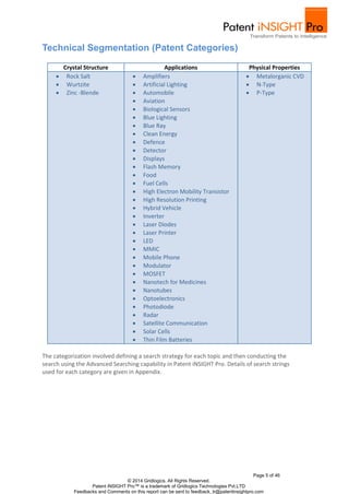 Crystal Structure Applications Physical Properties 
 Metalorganic CVD 
 N-Type 
 P-Type 
The categorization involved defining a search strategy for each topic and then conducting the 
search using the Advanced Searching capability in Patent iNSIGHT Pro. Details of search strings 
used for each category are given in Appendix. 
Page 5 of 46 
Technical Segmentation (Patent Categories) 
 Amplifiers 
 Artificial Lighting 
 Automobile 
 Aviation 
 Biological Sensors 
 Blue Lighting 
 Blue Ray 
 Clean Energy 
 Defence 
 Detector 
 Displays 
 Flash Memory 
 Food 
 Fuel Cells 
 High Electron Mobility Transistor 
 High Resolution Printing 
 Hybrid Vehicle 
 Inverter 
 Laser Diodes 
 Laser Printer 
 LED 
 MMIC 
 Mobile Phone 
 Modulator 
 MOSFET 
 Nanotech for Medicines 
 Nanotubes 
 Optoelectronics 
 Photodiode 
 Radar 
 Satellite Communication 
 Solar Cells 
 Thin Film Batteries 
© 2014 Gridlogics. All Rights Reserved. 
 Rock Salt 
 Wurtzite 
 Zinc -Blende 
Patent iNSIGHT Pro™ is a trademark of Gridlogics Technologies Pvt.LTD 
Feedbacks and Comments on this report can be sent to feedback_tr@patentinsightpro.com 
 