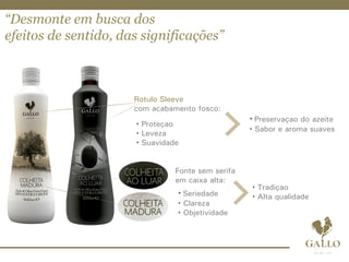 “Desmonte em busca dos
efeitos de sentido, das significações”
Rótulo Sleeve
com acabamento fosco:
• Proteção
• Leveza
• Suavidade
• Preservação do azeite
• Sabor e aroma suaves
Fonte sem serifa
em caixa alta:
• Seriedade
• Clareza
• Objetividade
• Tradição
• Alta qualidade
 
