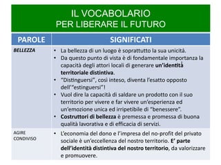 IL VOCABOLARIO
PER LIBERARE IL FUTURO
PAROLE SIGNIFICATI
BELLEZZA • La bellezza di un luogo è soprattutto la sua unicità.
• Da questo punto di vista è di fondamentale importanza la
capacità degli attori locali di generare un’identità̀
territoriale distintiva.
• “Distinguersi”, così inteso, diventa l’esatto opposto
dell’“estinguersi”!
• Vuol dire la capacità di saldare un prodotto con il suo
territorio per vivere e far vivere un’esperienza ed
un’emozione unica ed irripetibile di “benessere”.
• Costruttori di bellezza è premessa e promessa di buona
qualità lavorativa e di efficacia di servizi.
AGIRE
CONDIVISO
• L’economia del dono e l’impresa del no-profit del privato
sociale è un’eccellenza del nostro territorio. E’ parte
dell’identità distintiva del nostro territorio, da valorizzare
e promuovere.
 