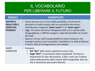 IL VOCABOLARIO PER LIBERARE IL FUTURO 
PAROLE 
SIGNIFICATI 
DENTRO IL REALE CON IL SENSO DEL POSSIBILE 
•Siamo persone con il senso della possibilità. Cerchiamo di percepire la realtà insieme alle sue possibilità alternative. Individuando margini di “poter essere” e di “poter agire”. 
•Oggi, nel nostro territorio ridisegnato dalla crisi e solcato dalle disuguaglianze, è difficile scorgere i segni del possibile nei vincoli del reale. 
•Eppure è da qui, dall’insopportabilità di tante situazioni, che emerge la spinta verso il possibile, il desiderio e la sfida di liberare il futuro, fatta di immaginazione e di metodo. 
AGIRE CONDIVISO 
•Partiamo: 
•Dal “Noi” dalla nostra capacità di essere rete. 
•Dagli “Altri”, in particolare dalla marginalità. Torniamo a frequentare le case che puzzano, a fare i conti con il cattivo odore della povertà, della miseria della marginalità. Solo ciò che è conosciuto può essere liberato  