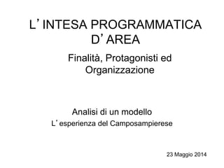 L’INTESA PROGRAMMATICA
D’AREA
Finalità, Protagonisti ed
Organizzazione
Analisi di un modello
L’esperienza del Camposampierese
23 Maggio 2014
 
