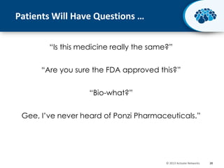 Patients Will Have Questions …
“Is this medicine really the same?”
“Are you sure the FDA approved this?”
“Bio-what?”
Gee, I’ve never heard of Ponzi Pharmaceuticals.”

© 2013 Activate Networks

28

 