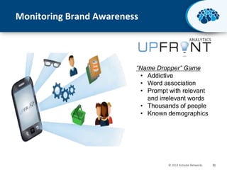 Monitoring Brand Awareness

“Name Dropper” Game
• Addictive
• Word association
• Prompt with relevant
and irrelevant words
• Thousands of people
• Known demographics

© 2013 Activate Networks

31

 