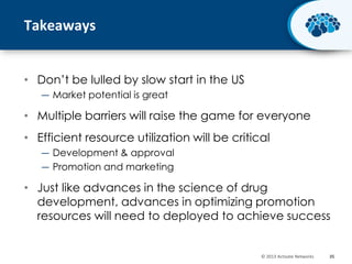 Takeaways
• Don’t be lulled by slow start in the US
― Market potential is great

• Multiple barriers will raise the game for everyone
• Efficient resource utilization will be critical
― Development & approval
― Promotion and marketing

• Just like advances in the science of drug
development, advances in optimizing promotion
resources will need to deployed to achieve success

© 2013 Activate Networks

35

 