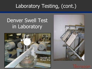 Laboratory Testing, (cont.) Denver Swell Test in Laboratory Dial Gauge Sample in Water Pot 