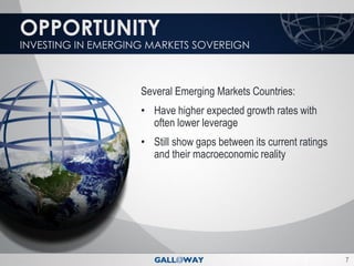 OPPORTUNITY
INVESTING IN EMERGING MARKETS SOVEREIGN



                    Several Emerging Markets Countries:
                    • Have higher expected growth rates with
                      often lower leverage
                    • Still show gaps between its current ratings
                      and their macroeconomic reality




                                                                    7
 