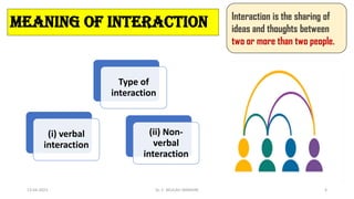 MEANING OF INTERACTION
Type of
interaction
(i) verbal
interaction
(ii) Non-
verbal
interaction
Interaction is the sharing of
ideas and thoughts between
two or more than two people.
13-04-2023 Dr. C. BEULAH JAYARANI 4
 