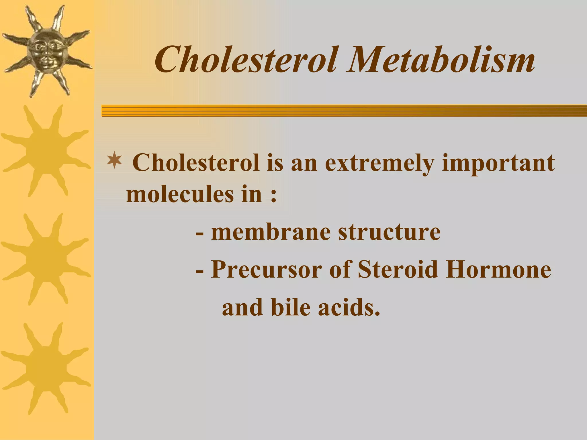 Cholesterol Metabolism Cholesterol is an extremely important molecules in : - membrane structure  - Precursor of Steroid Hormone  and bile acids. 