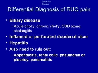 Differential Diagnosis of RUQ pain Biliary disease Acute chol’y, chronic chol’y, CBD stone, cholangitis Inflamed or perforated duodenal ulcer Hepatitis Also need to rule out: Appendicitis, renal colic, pneumonia or pleurisy, pancreatitis 