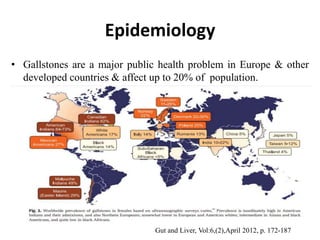Epidemiology
• Gallstones are a major public health problem in Europe & other
developed countries & affect up to 20% of population.
Gut and Liver, Vol:6,(2),April 2012, p. 172-187
 