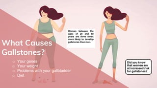 o Your genes
o Your weight
o Problems with your gallbladder
o Diet
What Causes
Gallstones?
Women between the
ages of 20 and 60
years are three times
more likely to develop
gallstones than men.
Did you know
that women are
at increased risk
for gallstones?
 