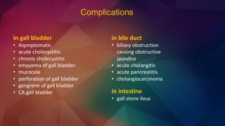 Complications
in gall bladder
• Asymptomatic
• acute cholecystitis
• chronic cholecystitis
• empyema of gall bladder
• mucocele
• perforation of gall bladder
• gangrene of gall bladder
• CA gall bladder
in bile duct
• biliary obstruction
causing obstructive
jaundice
• acute cholangitis
• acute pancreatitis
• cholangiocarcinoma
in intestine
• gall stone ileus
 