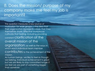 8. Does the mission/ purpose of my company make me feel my job is important?  This question measures a key source of motiv...