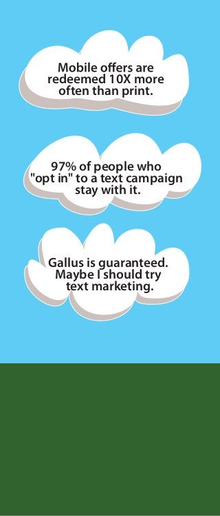 97% of people who
"opt in" to a text campaign
stay with it.
Gallus is guaranteed.
Maybe I should try
text marketing.
redeemed 10X more
often than print.
 