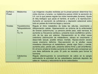 Epífisis o
Pineal
Melatonina Las imágenes visuales recibidas por la pineal parecen determinar los
ciclos diurnos y lunares. La melatonina parece inhibir la secreción de
LH, con lo que parece regular los ciclos menstruales (lunares). Ajusta
el reloj biológico que pauta el hambre, el sueño y la reproducción.
Aumento en secreción da soñolencia y depresión estacional sobre
todo en países de inviernos largos y oscuros
Tiroides Triyodotironina
Tetrayodotironin
a
T3, T4
Regula el ritmo metabólico de todas las célu-las, crecimiento y
diferenciación celular. Hipersecreción es síntoma de la enfermedad
de Graves (autoinmune). La persona pierde peso, está nerviosa, le
aumenta su frecuencia cardiaca y presenta bocio exoftálmico (protru-
ción de los ojos por edema). Hiposecreción en la niñez causa
cretinismo (disminución de metabolismo, retrazo en crecimiento y
desa-rrollo sexual, posible retrazo mental). Hipose-creción severa
causa enanismo deforme. Hipo-secreción en la adultez causa
mixedema (disminuye el metabolismo, pierde vigor físico y mental,
aumenta peso, pierde pelo, presenta edema firme y piel amarillenta).
En el bocio simple la tiroides aumenta en tamaño para compensar por
una dieta deficiente de yodo. El yodo se necesita para formar la
hormona
Calcitonina
CT
Regula (disminuyendo) la concentración de calcio en la sangre
estimulando la actividad de los osteoblastos (estimula depósito de
sales en huesos) y reduciendo la de los osteoclastos
 