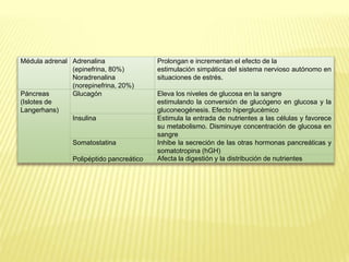 Médula adrenal Adrenalina
(epinefrina, 80%)
Noradrenalina
(norepinefrina, 20%)
Prolongan e incrementan el efecto de la
estimulación simpática del sistema nervioso autónomo en
situaciones de estrés.
Páncreas
(Islotes de
Langerhans)
Glucagón Eleva los niveles de glucosa en la sangre
estimulando la conversión de glucógeno en glucosa y la
gluconeogénesis. Efecto hiperglucémico
Insulina Estimula la entrada de nutrientes a las células y favorece
su metabolismo. Disminuye concentración de glucosa en
sangre
Somatostatina Inhibe la secreción de las otras hormonas pancreáticas y
somatotropina (hGH)
Polipéptido pancreático Afecta la digestión y la distribución de nutrientes
 
