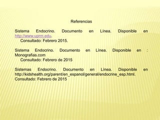 Referencias
Sistema Endocrino. Documento en Línea. Disponible en
http://www.uprm.edu.
Consultado: Febrero 2015.
Sistema Endocrino. Documento en Línea. Disponible en :
Monografias.com
Consultado: Febrero de 2015
Sistemas Endocrino. Documento en Línea. Disponible en
http://kidshealth.org/parent/en_espanol/general/endocrine_esp.html.
Consultado: Febrero de 2015
 