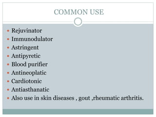 COMMON USE
 Rejuvinator
 Immunodulator
 Astringent
 Antipyretic
 Blood purifier
 Antineoplatic
 Cardiotonic
 Antiasthanatic
 Also use in skin diseases , gout ,rheumatic arthritis.
 
