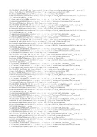 10/30/2013 12:55:47 AM [succeeded] http://www.google-analytics.com/__utm.gif? 
utmwv=4.8.8&utmn=622695996&utmhn=www.playsplice.com&utmcs=UTF- 
8&utmsr=1366x768&utmsc=24-bit&utmul=en-us&utmje=0&utmfl=- 
&utmdt=Levels&utmhid=864698370&utmr=-&utmp=/120816_StandaloneOSXIntel&utmac=UA- 
30179602-1&utmcc=__utma 
%3d2261942.916525944.1383087345.1383087345.1383087345.2%3b%2b__utmz 
%3d2261942.1383087345.1.1.utmcsr%3d(direct)%7cutmccn%3d(direct)%7cutmcmd 
%3d(none)%3b&utme=5(Level+038*Complete)&utmt=event 
10/30/2013 12:58:43 AM [started] http://www.google-analytics.com/__utm.gif? 
utmwv=4.8.8&utmn=197711286&utmhn=www.playsplice.com&utmcs=UTF- 
8&utmsr=1366x768&utmsc=24-bit&utmul=en-us&utmje=0&utmfl=- 
&utmdt=Levels&utmhid=483692650&utmr=-&utmp=/120816_StandaloneOSXIntel&utmac=UA- 
30179602-1&utmcc=__utma 
%3d2261942.996249093.1383087523.1383087523.1383087523.2%3b%2b__utmz 
%3d2261942.1383087523.1.1.utmcsr%3d(direct)%7cutmccn%3d(direct)%7cutmcmd 
%3d(none)%3b&utme=5(Level+039*Complete)&utmt=event 
10/30/2013 12:58:45 AM [succeeded] http://www.google-analytics.com/__utm.gif? 
utmwv=4.8.8&utmn=197711286&utmhn=www.playsplice.com&utmcs=UTF- 
8&utmsr=1366x768&utmsc=24-bit&utmul=en-us&utmje=0&utmfl=- 
&utmdt=Levels&utmhid=483692650&utmr=-&utmp=/120816_StandaloneOSXIntel&utmac=UA- 
30179602-1&utmcc=__utma 
%3d2261942.996249093.1383087523.1383087523.1383087523.2%3b%2b__utmz 
%3d2261942.1383087523.1.1.utmcsr%3d(direct)%7cutmccn%3d(direct)%7cutmcmd 
%3d(none)%3b&utme=5(Level+039*Complete)&utmt=event 
10/30/2013 1:00:42 AM [started] http://www.google-analytics.com/__utm.gif? 
utmwv=4.8.8&utmn=242839552&utmhn=www.playsplice.com&utmcs=UTF- 
8&utmsr=1366x768&utmsc=24-bit&utmul=en-us&utmje=0&utmfl=- 
&utmdt=Levels&utmhid=653044257&utmr=-&utmp=/120816_StandaloneOSXIntel&utmac=UA- 
30179602-1&utmcc=__utma 
%3d2261942.985899250.1383087642.1383087642.1383087642.2%3b%2b__utmz 
%3d2261942.1383087642.1.1.utmcsr%3d(direct)%7cutmccn%3d(direct)%7cutmcmd 
%3d(none)%3b&utme=5(Level+040*Complete)&utmt=event 
10/30/2013 1:00:42 AM [succeeded] http://www.google-analytics.com/__utm.gif? 
utmwv=4.8.8&utmn=242839552&utmhn=www.playsplice.com&utmcs=UTF- 
8&utmsr=1366x768&utmsc=24-bit&utmul=en-us&utmje=0&utmfl=- 
&utmdt=Levels&utmhid=653044257&utmr=-&utmp=/120816_StandaloneOSXIntel&utmac=UA- 
30179602-1&utmcc=__utma 
%3d2261942.985899250.1383087642.1383087642.1383087642.2%3b%2b__utmz 
%3d2261942.1383087642.1.1.utmcsr%3d(direct)%7cutmccn%3d(direct)%7cutmcmd 
%3d(none)%3b&utme=5(Level+040*Complete)&utmt=event 
10/30/2013 1:01:25 AM [started] http://www.google-analytics.com/__utm.gif? 
utmwv=4.8.8&utmn=548344253&utmhn=www.playsplice.com&utmcs=UTF- 
8&utmsr=1366x768&utmsc=24-bit&utmul=en-us&utmje=0&utmfl=- 
&utmdt=Levels&utmhid=892871295&utmr=-&utmp=/120816_StandaloneOSXIntel&utmac=UA- 
30179602-1&utmcc=__utma 
%3d2261942.447281827.1383087685.1383087685.1383087685.2%3b%2b__utmz 
%3d2261942.1383087685.1.1.utmcsr%3d(direct)%7cutmccn%3d(direct)%7cutmcmd 
%3d(none)%3b&utme=5(Level+041*Complete)&utmt=event 
10/30/2013 1:01:25 AM [succeeded] http://www.google-analytics.com/__utm.gif? 
utmwv=4.8.8&utmn=548344253&utmhn=www.playsplice.com&utmcs=UTF- 
8&utmsr=1366x768&utmsc=24-bit&utmul=en-us&utmje=0&utmfl=- 
&utmdt=Levels&utmhid=892871295&utmr=-&utmp=/120816_StandaloneOSXIntel&utmac=UA- 
30179602-1&utmcc=__utma 
%3d2261942.447281827.1383087685.1383087685.1383087685.2%3b%2b__utmz 
%3d2261942.1383087685.1.1.utmcsr%3d(direct)%7cutmccn%3d(direct)%7cutmcmd 
%3d(none)%3b&utme=5(Level+041*Complete)&utmt=event 
10/30/2013 1:07:28 AM [started] http://www.google-analytics.com/__utm.gif? 
utmwv=4.8.8&utmn=416517877&utmhn=www.playsplice.com&utmcs=UTF- 
8&utmsr=1366x768&utmsc=24-bit&utmul=en-us&utmje=0&utmfl=- 
&utmdt=Levels&utmhid=406492748&utmr=-&utmp=/120816_StandaloneOSXIntel&utmac=UA- 
30179602-1&utmcc=__utma 
%3d2261942.619070360.1383088048.1383088048.1383088048.2%3b%2b__utmz 
%3d2261942.1383088048.1.1.utmcsr%3d(direct)%7cutmccn%3d(direct)%7cutmcmd 
%3d(none)%3b&utme=5(Level+042*Complete)&utmt=event 
 